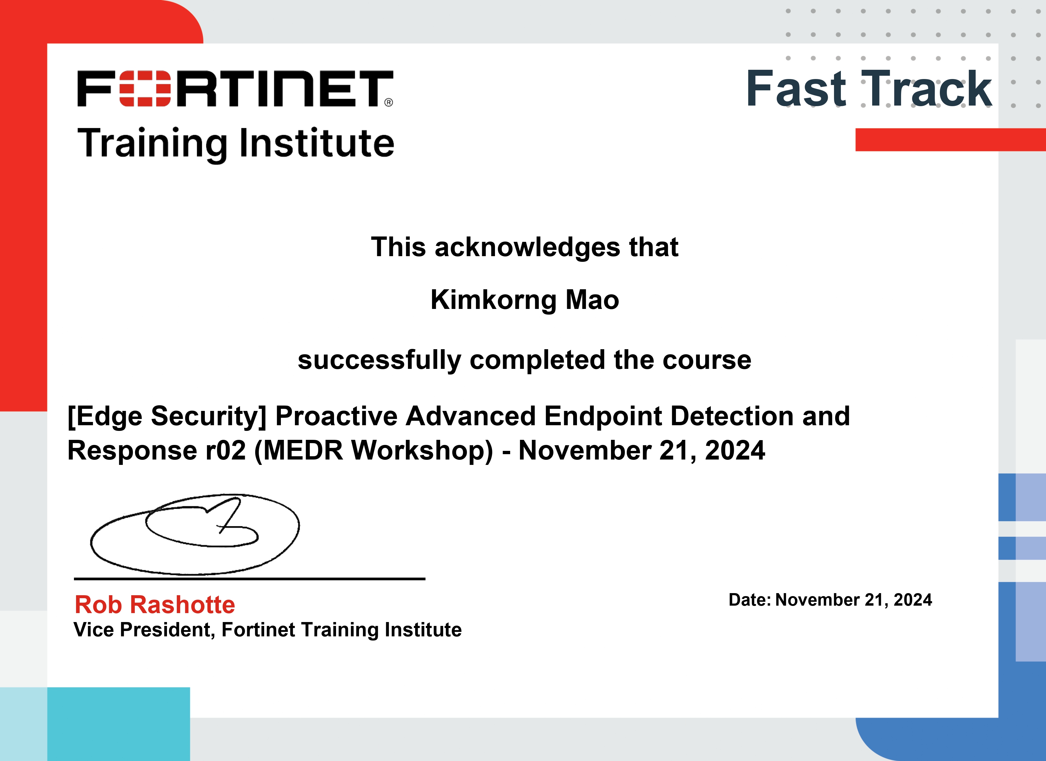 Fortinet Training Institute Certificate